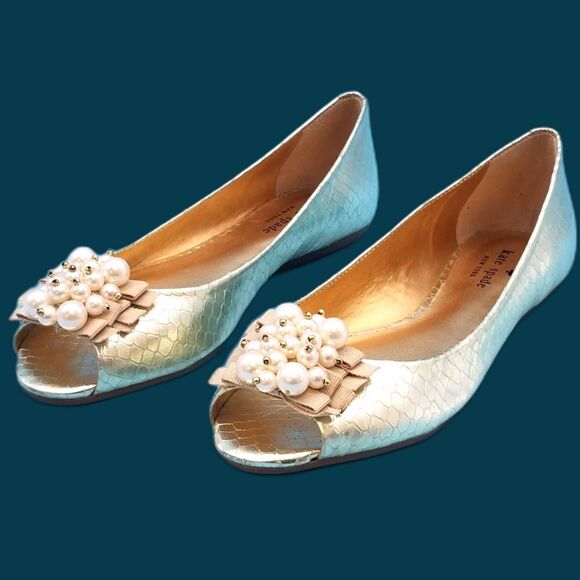 Kate Spade Women's Ollie Peep Toe Pearl Embellished Flats Size 6 - Picture 1 of 6